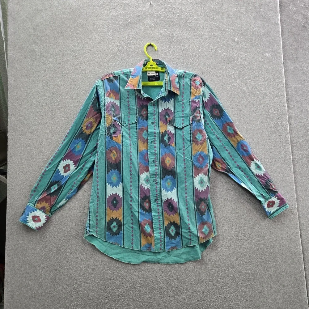 VINTAGE Wrangler Brushpopper Men Button Up Shirt 15.5 Green Geometric Western